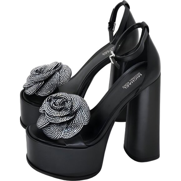 Michael Kors Elodie Rhinestone Flower Platform Sandals Black Women US 5.5M - Picture 2 of 6